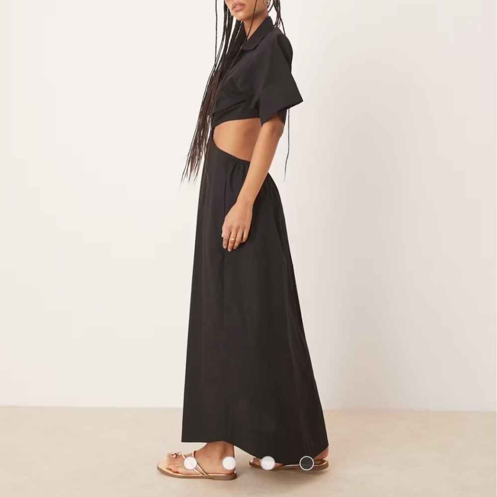 ASOS DESIGN v neck cut out waist midi dress in black - Picture 2 of 8